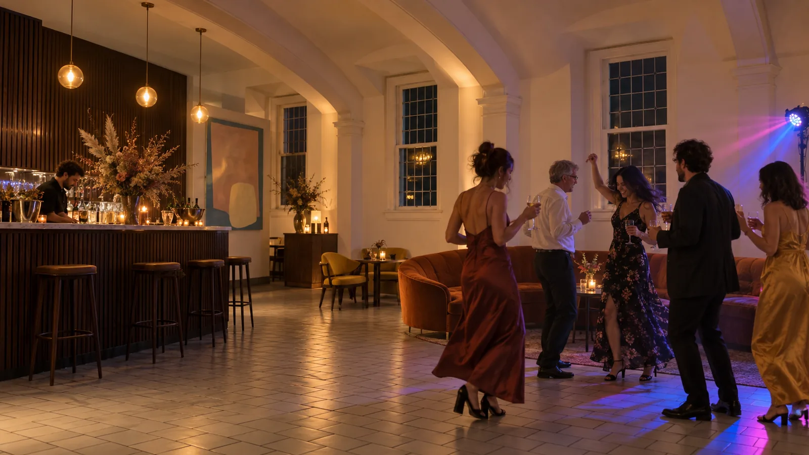 Imagined reception scene inspired by The Parlour: Five guests drift from a reception table into a relaxed dance beside the curved banquette, viewed diagonally across pale tile toward the dark wood bar.