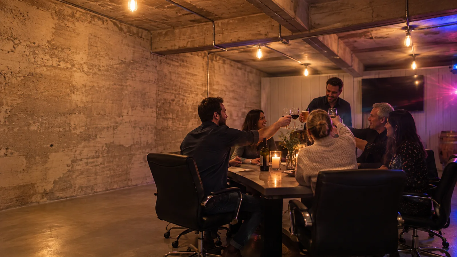 Imagined reception scene inspired by Ridge Rock Brewing Company: Six guests share a small reception toast around the Vault Room's communal table, seen from a side wall beneath the industrial ceiling.